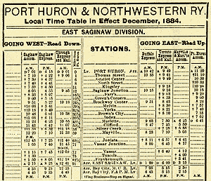 1884 Port Huron and North Western Timetable
